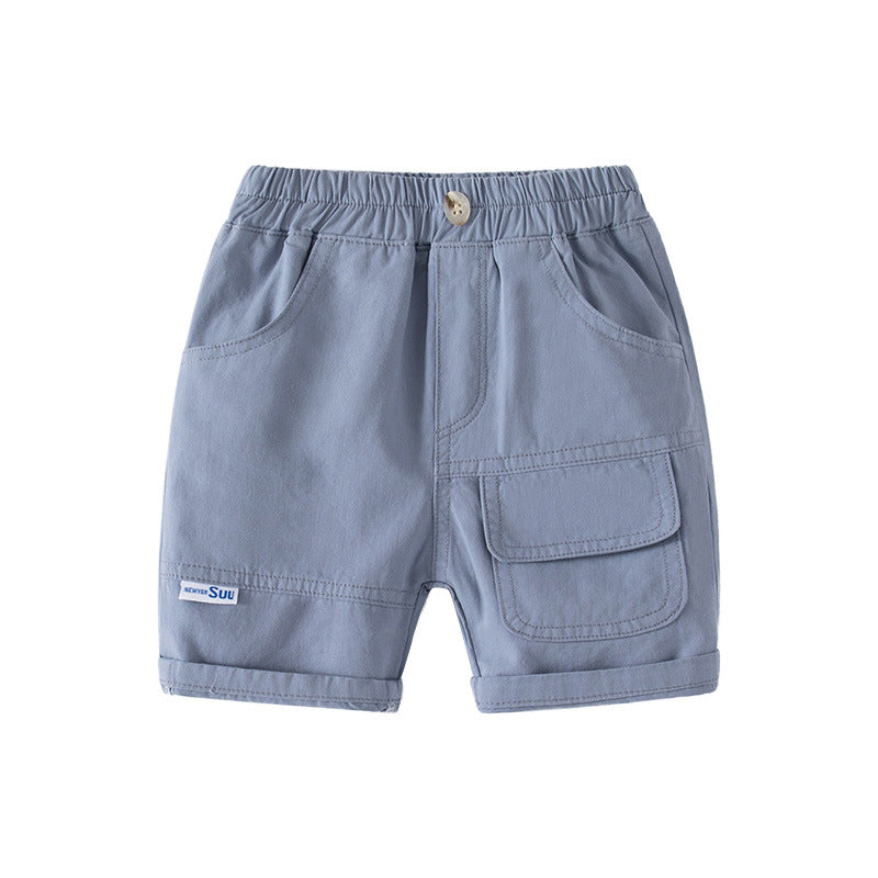 Casual Khaki Five-Point Pants with Large Pockets Faux Button Elastic Waistband Kids Sport Shorts