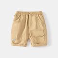 Casual Khaki Five-Point Pants with Large Pockets Faux Button Elastic Waistband Kids Sport Shorts
