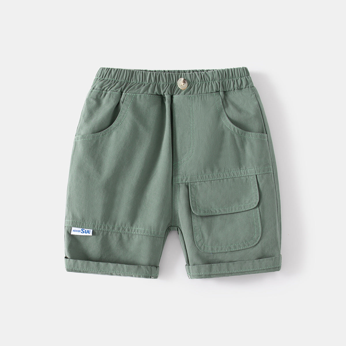 Casual Khaki Five-Point Pants with Large Pockets Faux Button Elastic Waistband Kids Sport Shorts